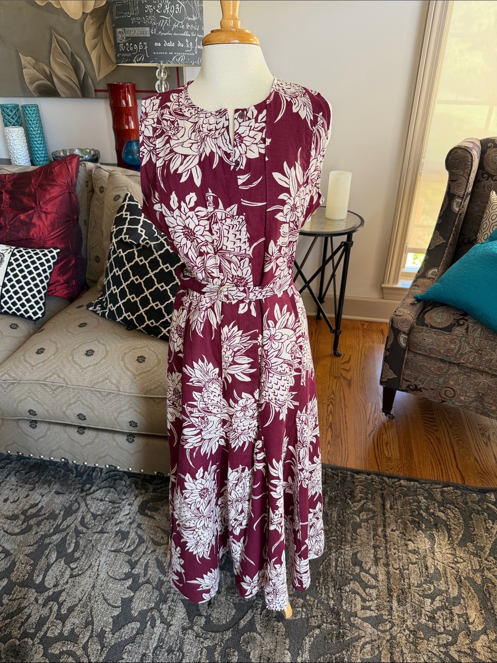 J crew spring 2026 Women's Floral Sleeveless Midi Dress in Burgundy and cream